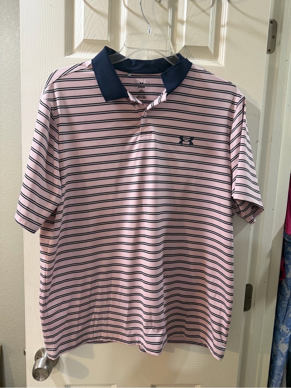 Under Armour Pink Polo with Navy Stripes and Collar